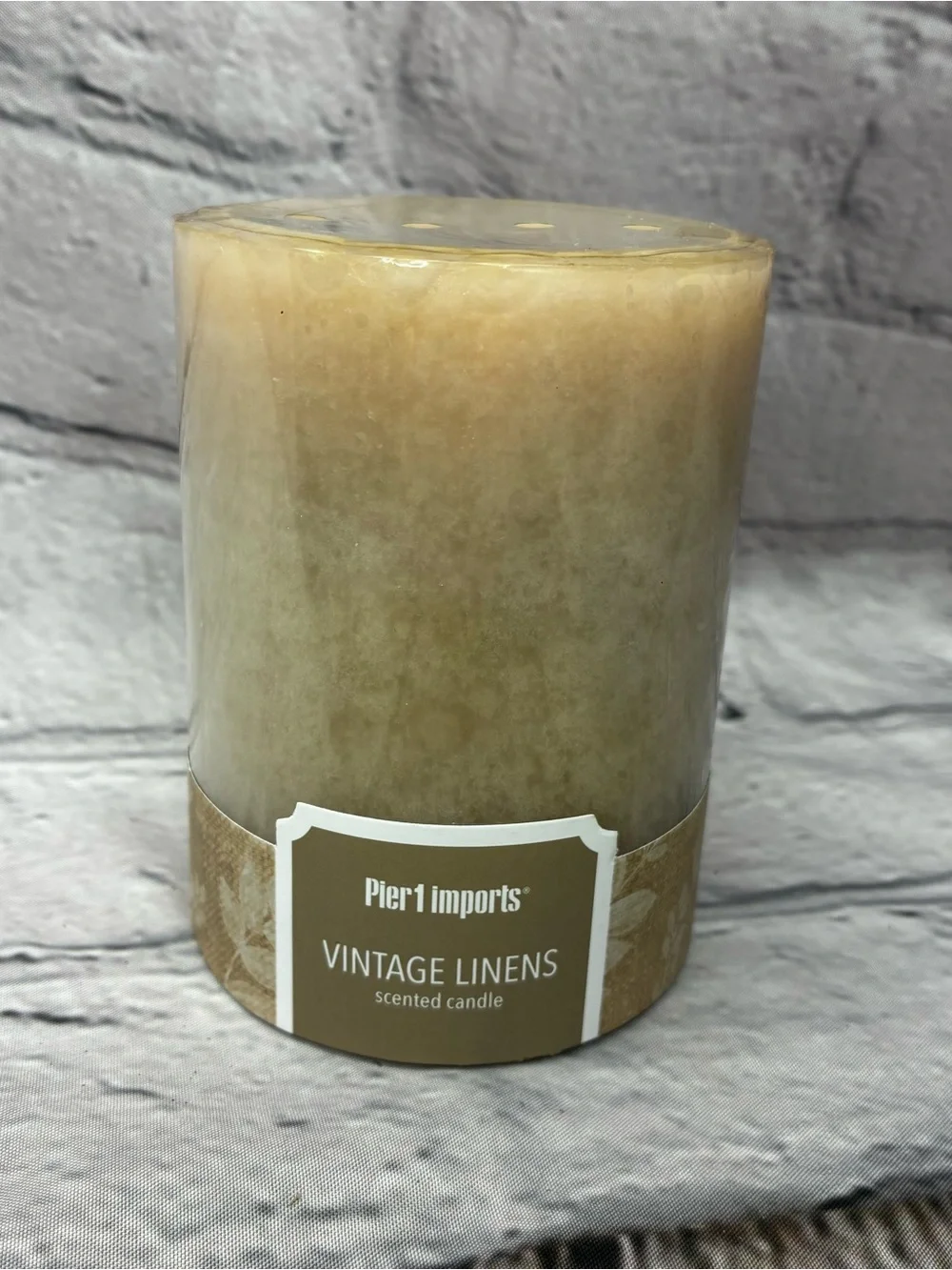 5/$20 NEW Pier 1 Imports ‘Vintage Linens’ Single Wick Pillar Candle 3x4 inches